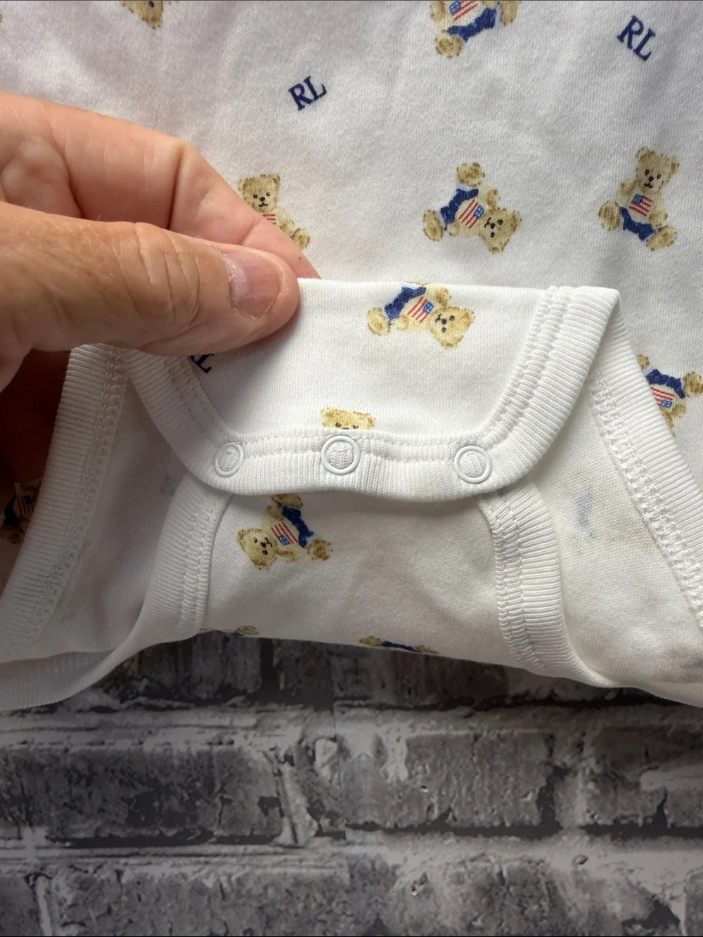 Ralph Lauren White Teddy Bear Print Long-Sleeve Baby One-Piece